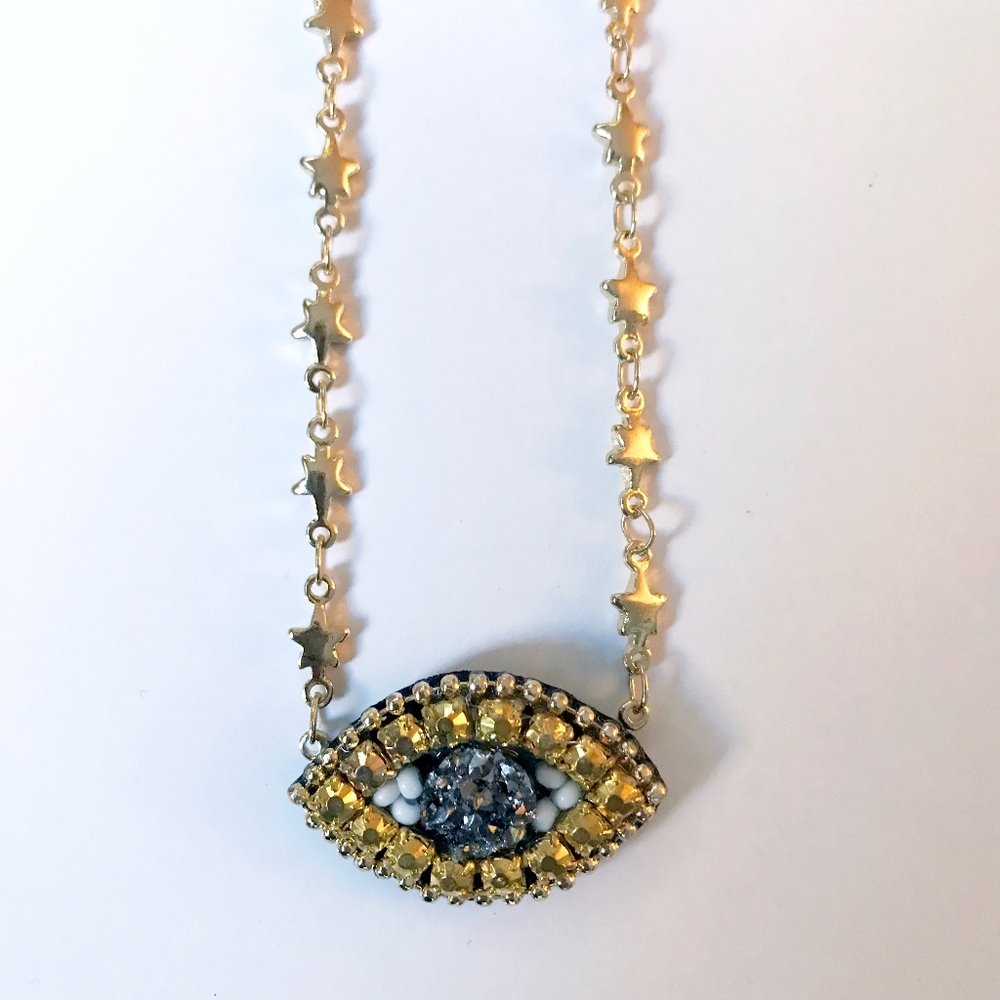 Gold Evil Eye Hamsa Druzy Statement Choker Necklace handmade with star chain